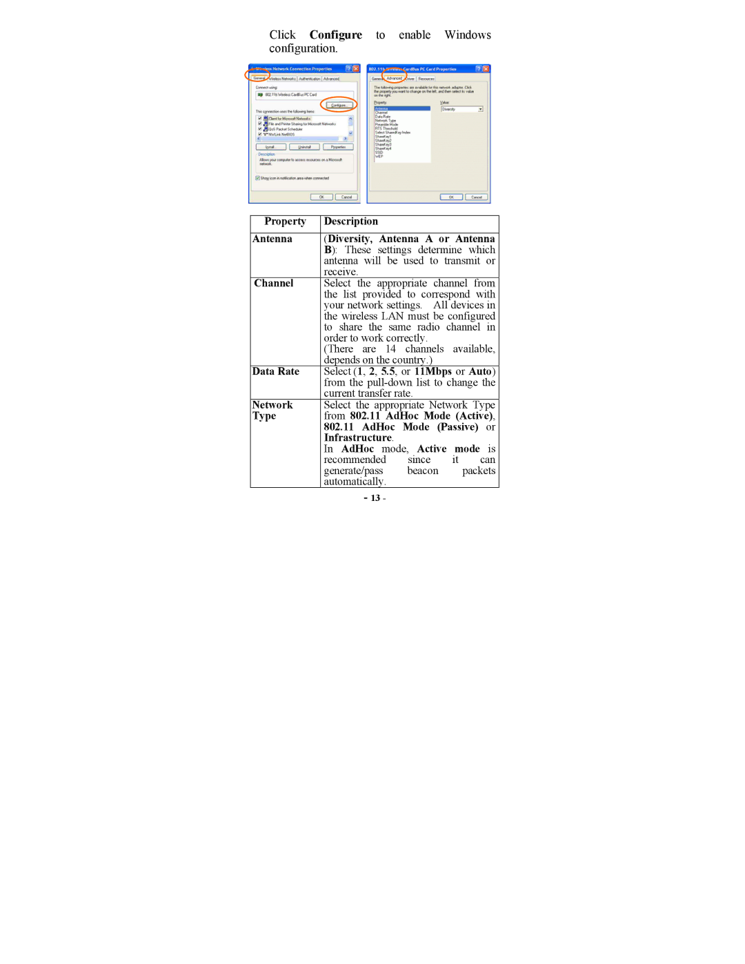 Abocom WB2000 manual Property Description Antenna Diversity, Antenna a or Antenna, Network 