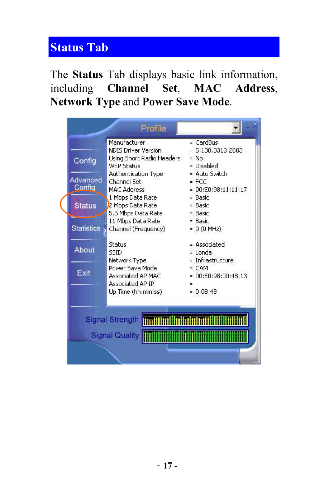 Abocom WB2500 manual Status Tab 