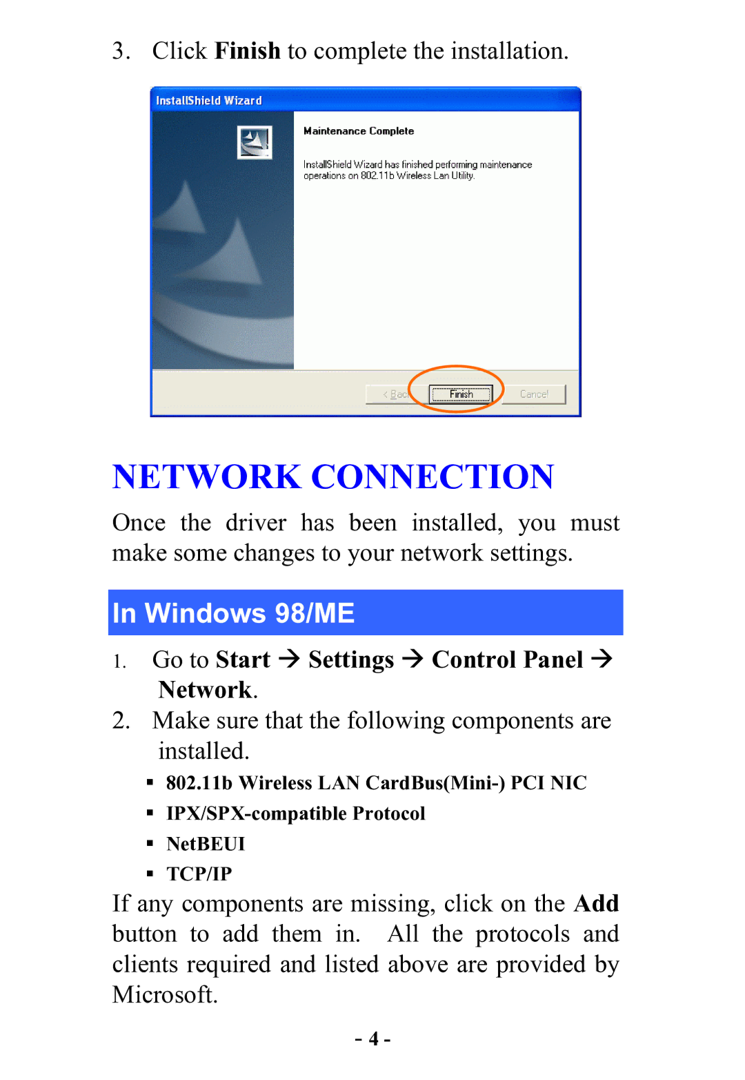 Abocom WB2500 manual Windows 98/ME, Go to Start Settings Control Panel Network 