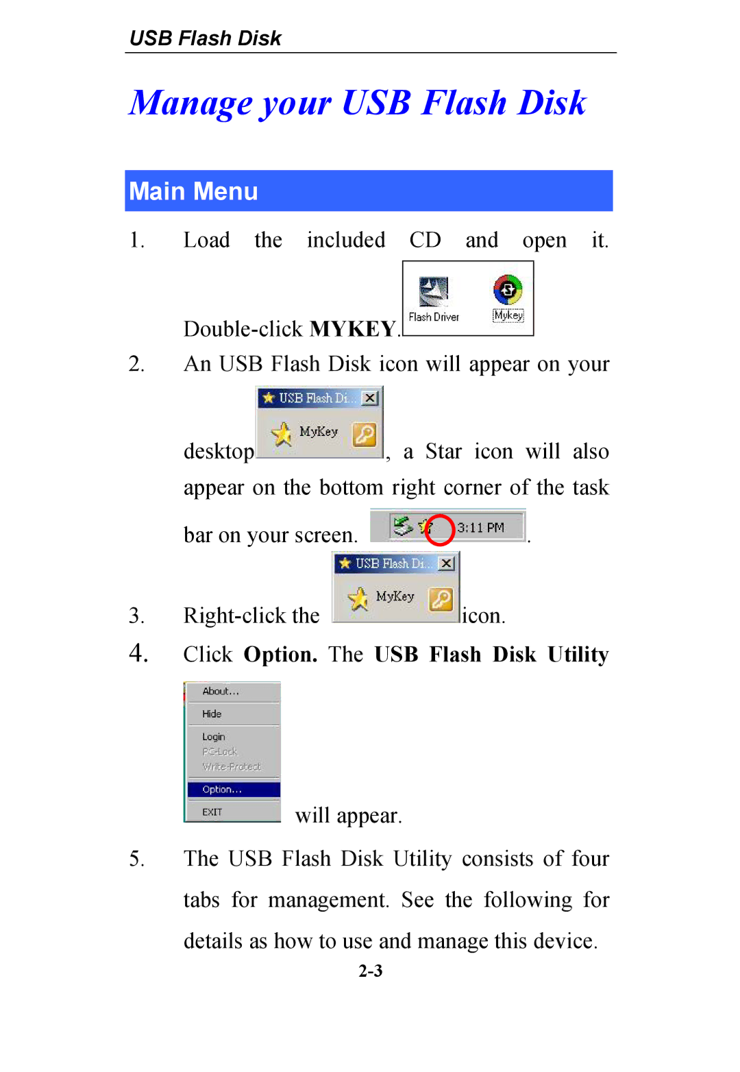 Abocom WBD512 manual Main Menu, Click Option. The USB Flash Disk Utility will appear 