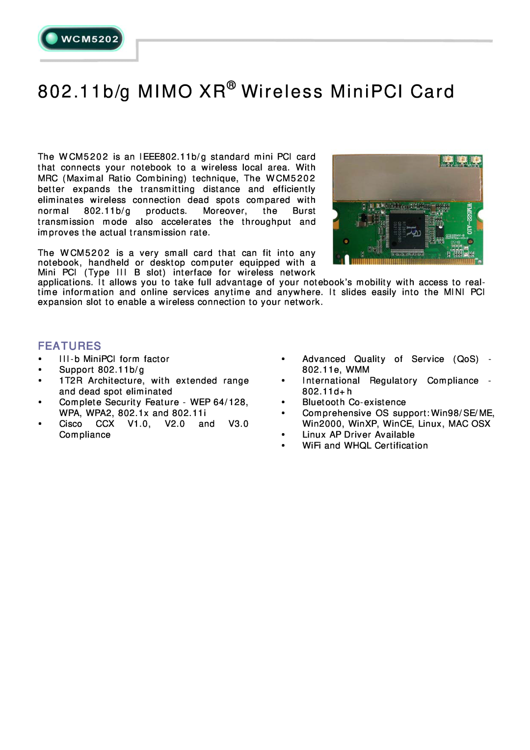 Abocom WCM5202 manual Features, 802.11b/g MIMO XR Wireless MiniPCI Card 