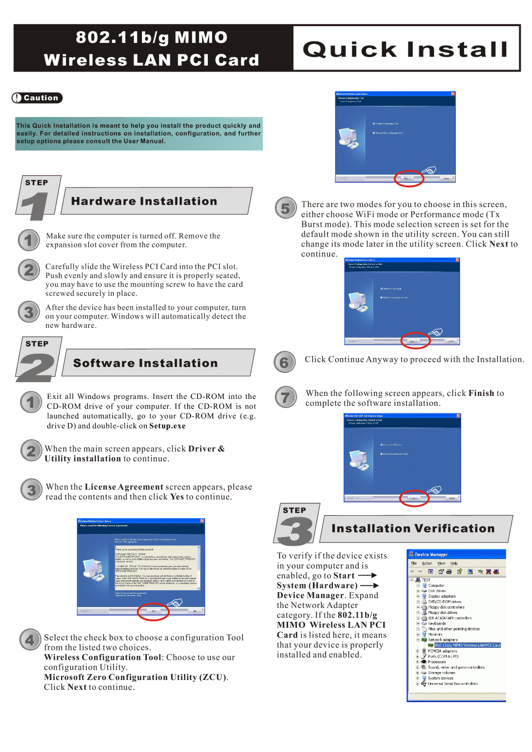 Abocom WCP5102 user manual Hardware Installation, Software Installation, Installation Verification 