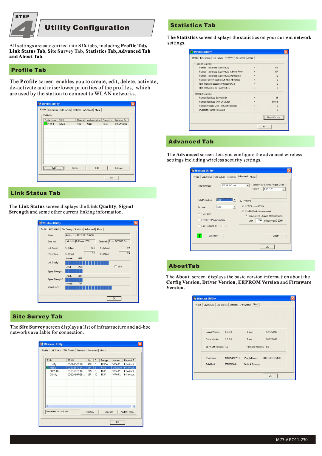 Abocom WCP5102 Utility Configuration, Profile Tab, Link Status Tab, Site Survey Tab, Statistics Tab, Advanced Tab 