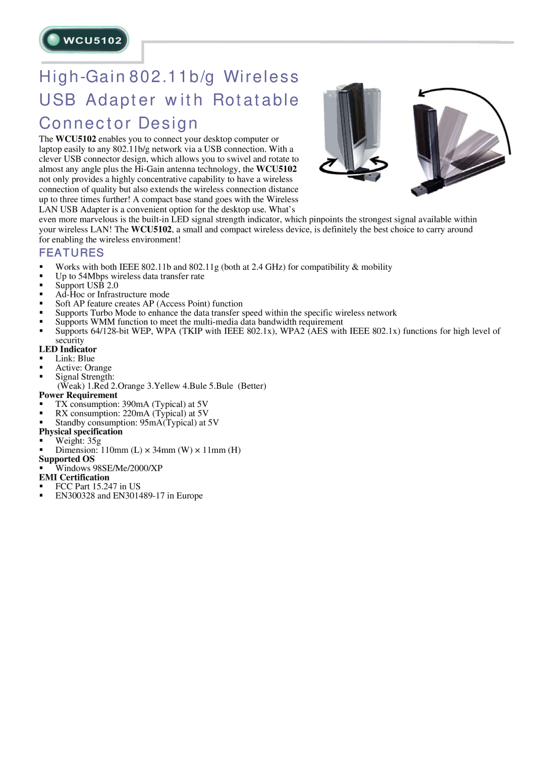 Abocom WCU5102 manual Features 