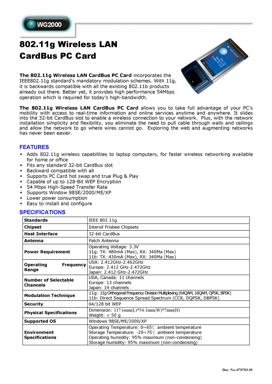 Abocom WG2000 specifications 802.11g Wireless LAN CardBus PC Card, Features, Specifications 