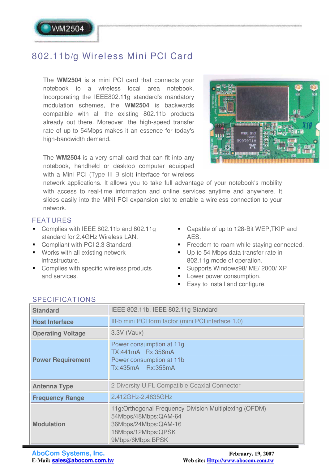 Abocom WM2504 specifications 802.11b/g Wireless Mini PCI Card, Features, Specifications, AboCom Systems, Inc 