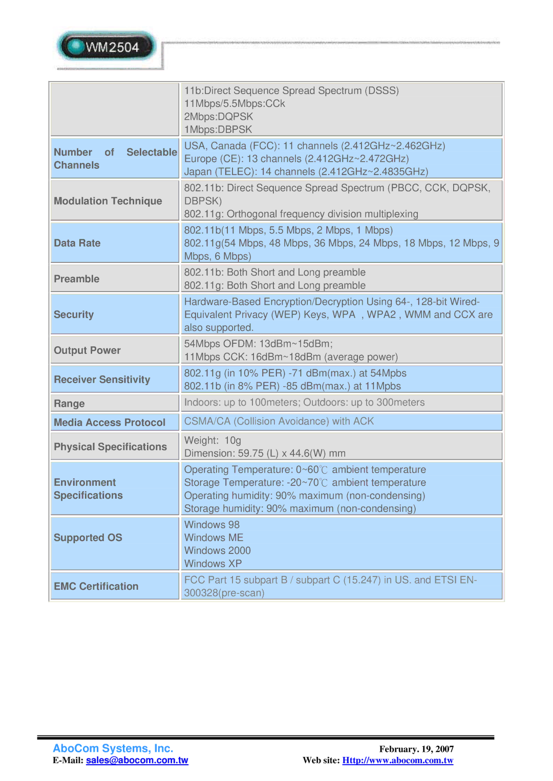 Abocom WM2504 specifications Number of Selectable Channels Modulation Technique Data Rate, Preamble Security 