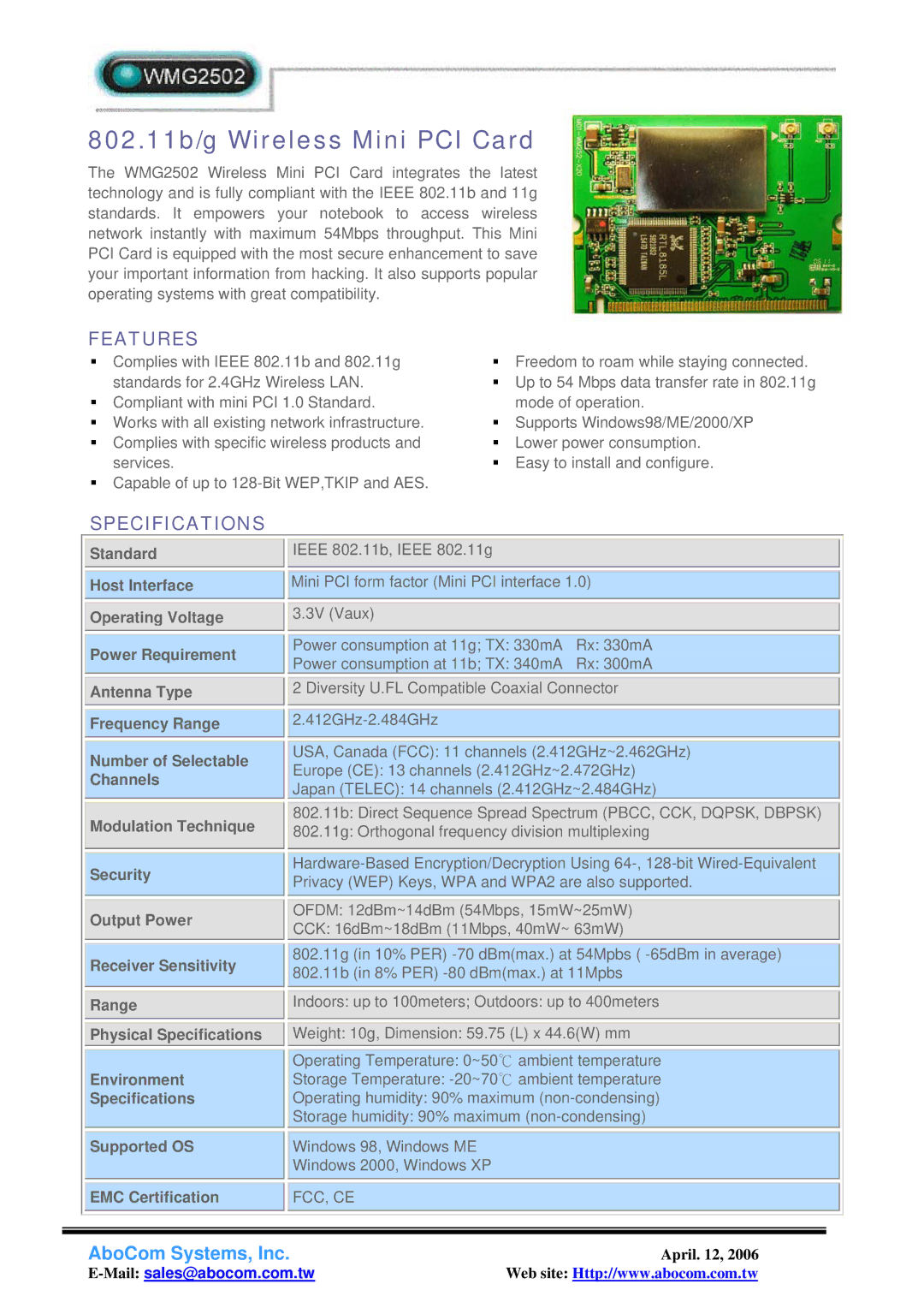 Abocom WMG2502 specifications 802.11b/g Wireless Mini PCI Card, Features, Specifications, Supported OS EMC Certification 