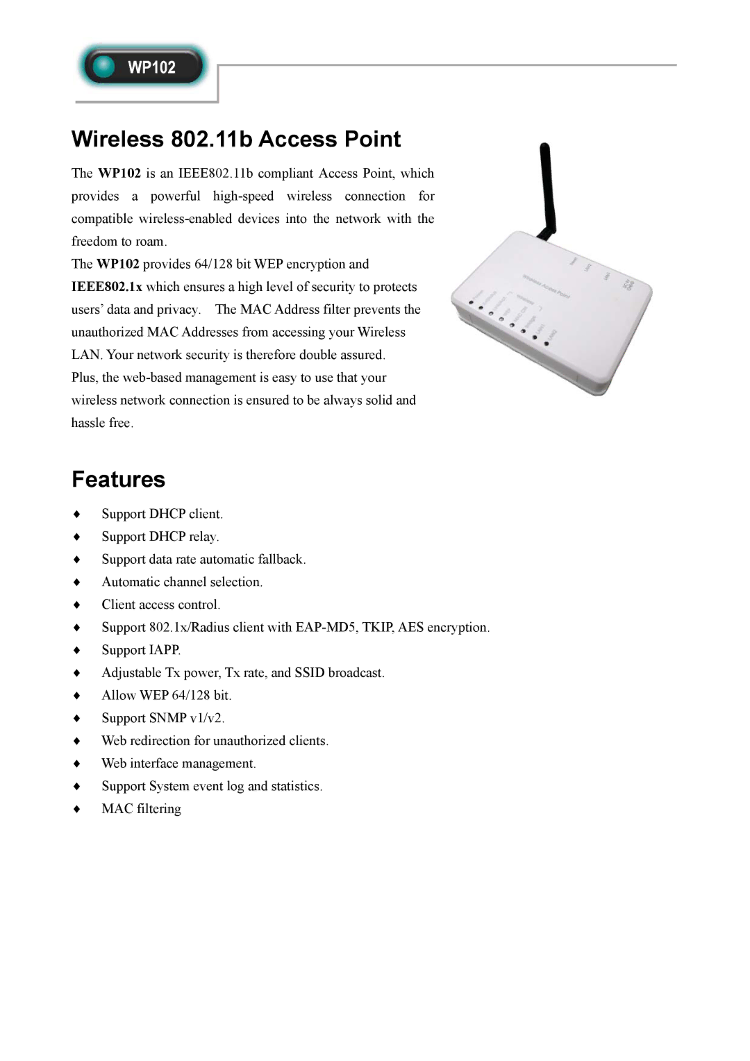 Abocom WP102 manual Wireless 802.11b Access Point, Features 