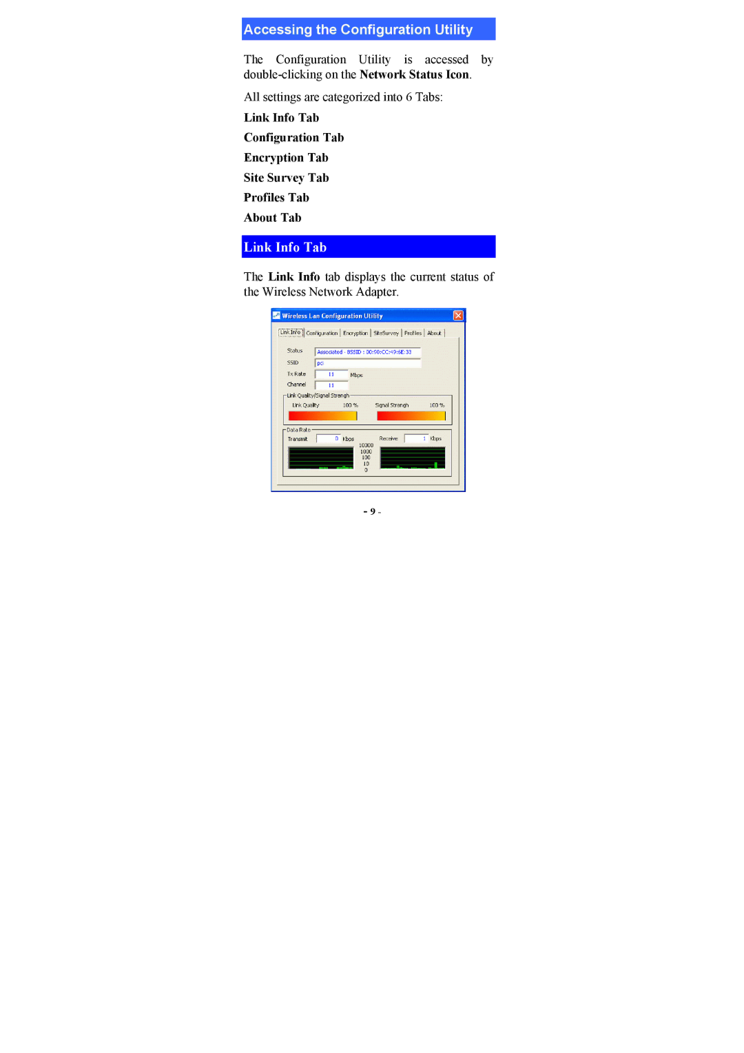 Abocom WP2000 manual Accessing the Configuration Utility, Link Info Tab 