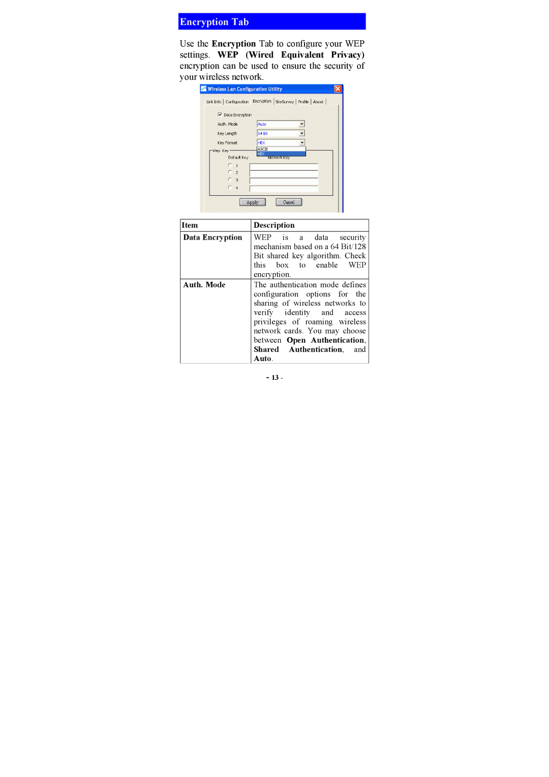 Abocom WP2000 manual Encryption Tab, Description Data Encryption, Auth. Mode, Open, Shared Authentication Auto 