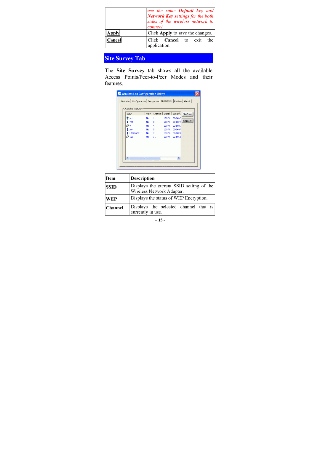 Abocom WP2000 manual Site Survey Tab, Apply, Displays the current Ssid setting, Wireless Network Adapter 