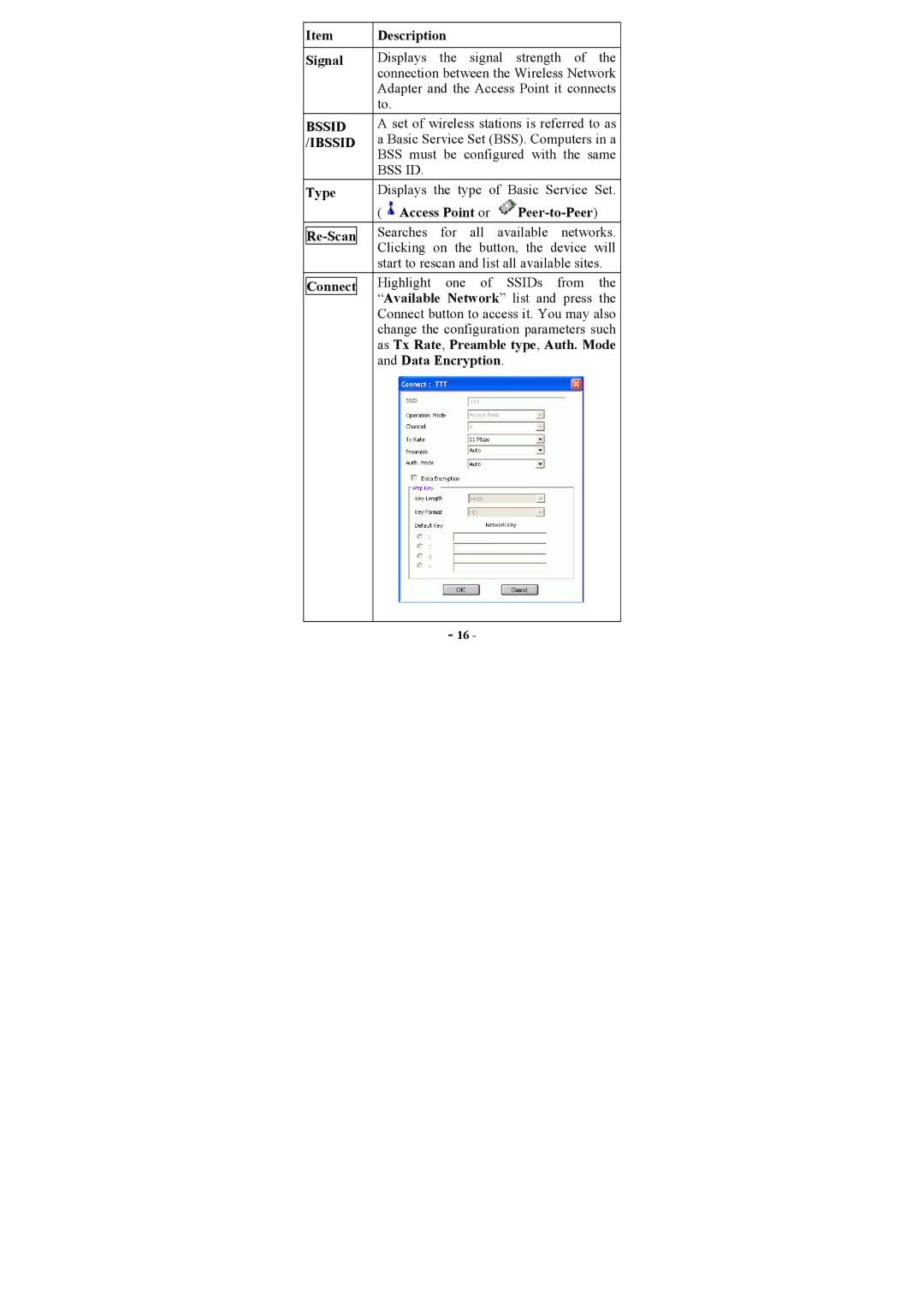 Abocom WP2000 manual Description Signal, Type, Access Point or Peer-to-Peer, As Tx Rate, Preamble type, Auth. Mode 