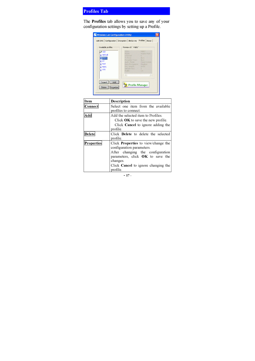 Abocom WP2000 manual Profiles Tab, Add 