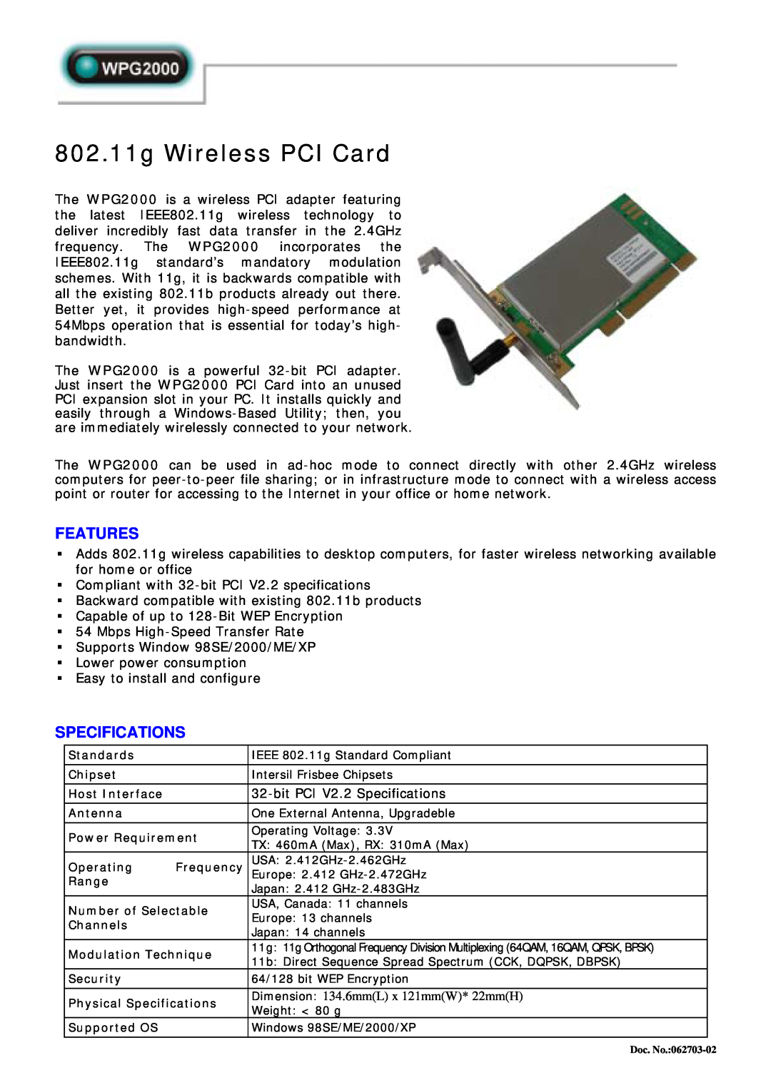 Abocom WPG2000 specifications 802.11g Wireless PCI Card, Features, Specifications 