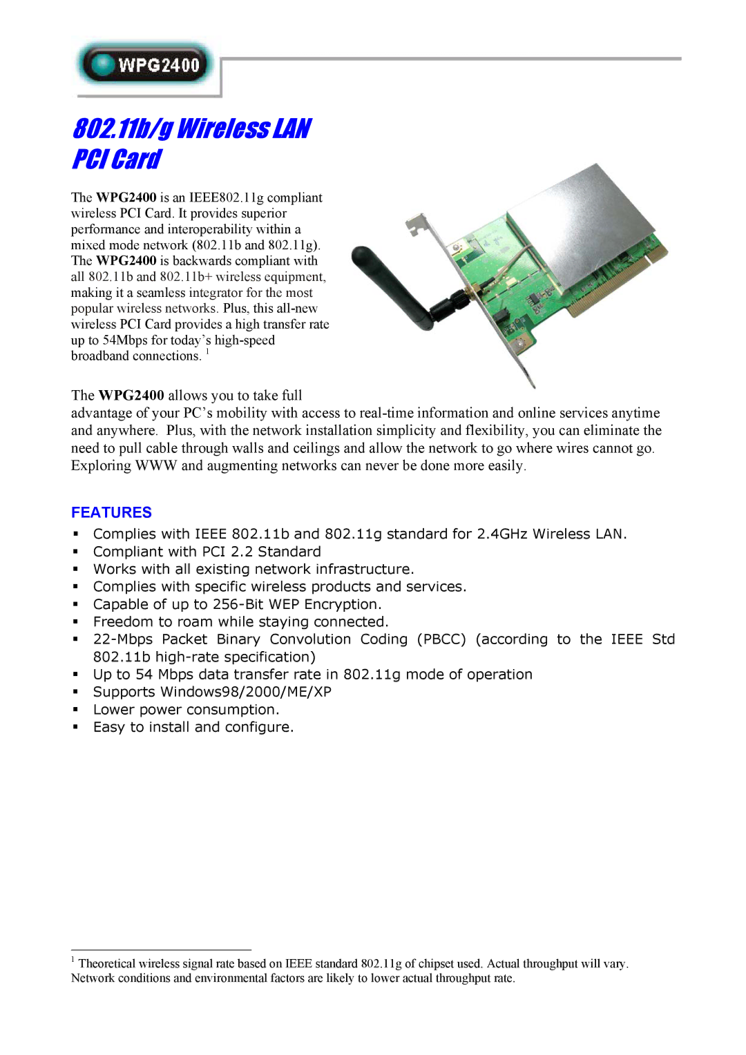 Abocom WPG2400 manual 802.11b/g Wireless LAN PCI Card, Features 