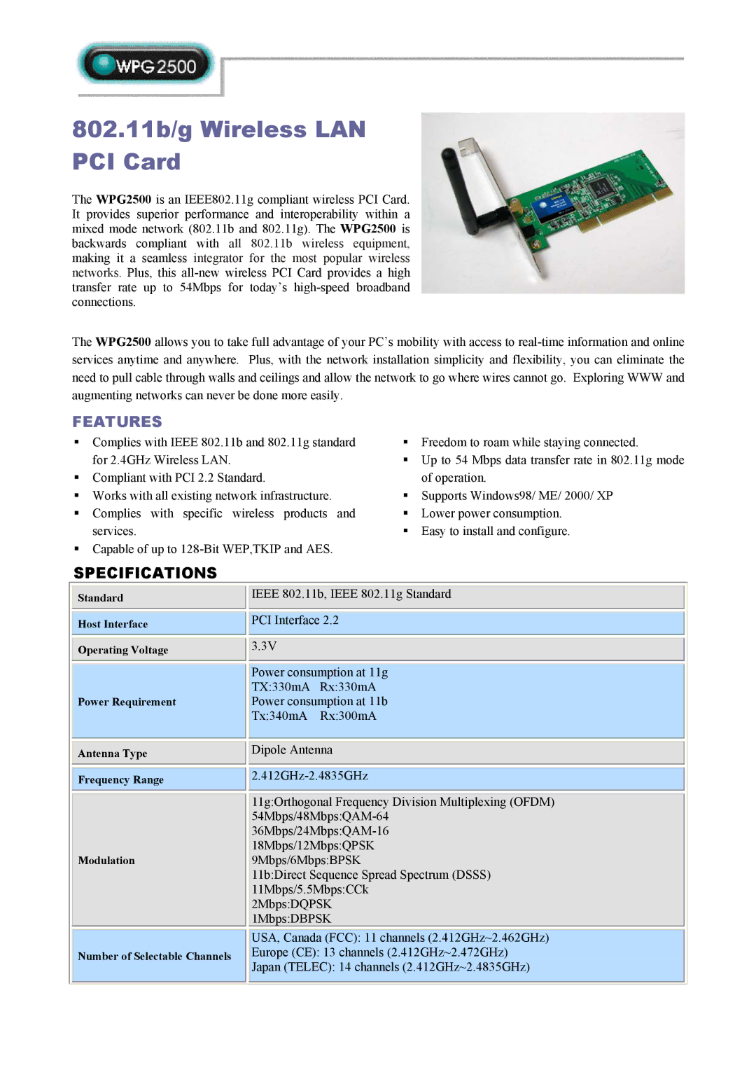 Abocom WPG2500 specifications 802.11b/g Wireless LAN PCI Card, Features, Specifications 