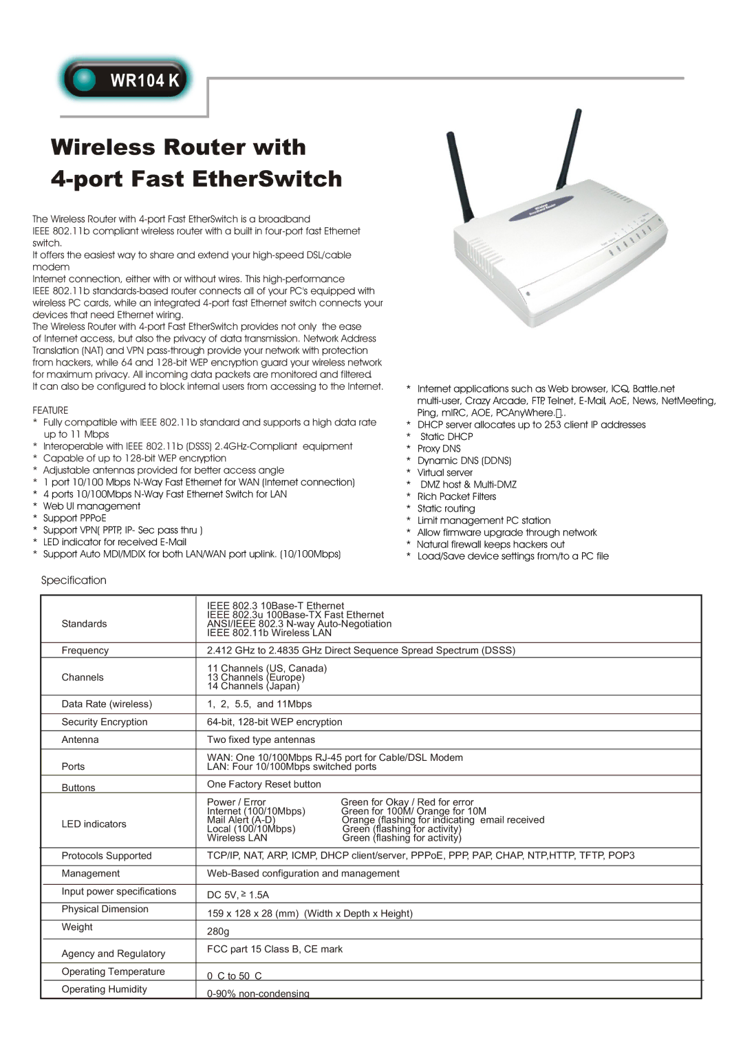 Abocom WR104 K specifications Wireless Router with Port Fast EtherSwitch, Specification, Feature 