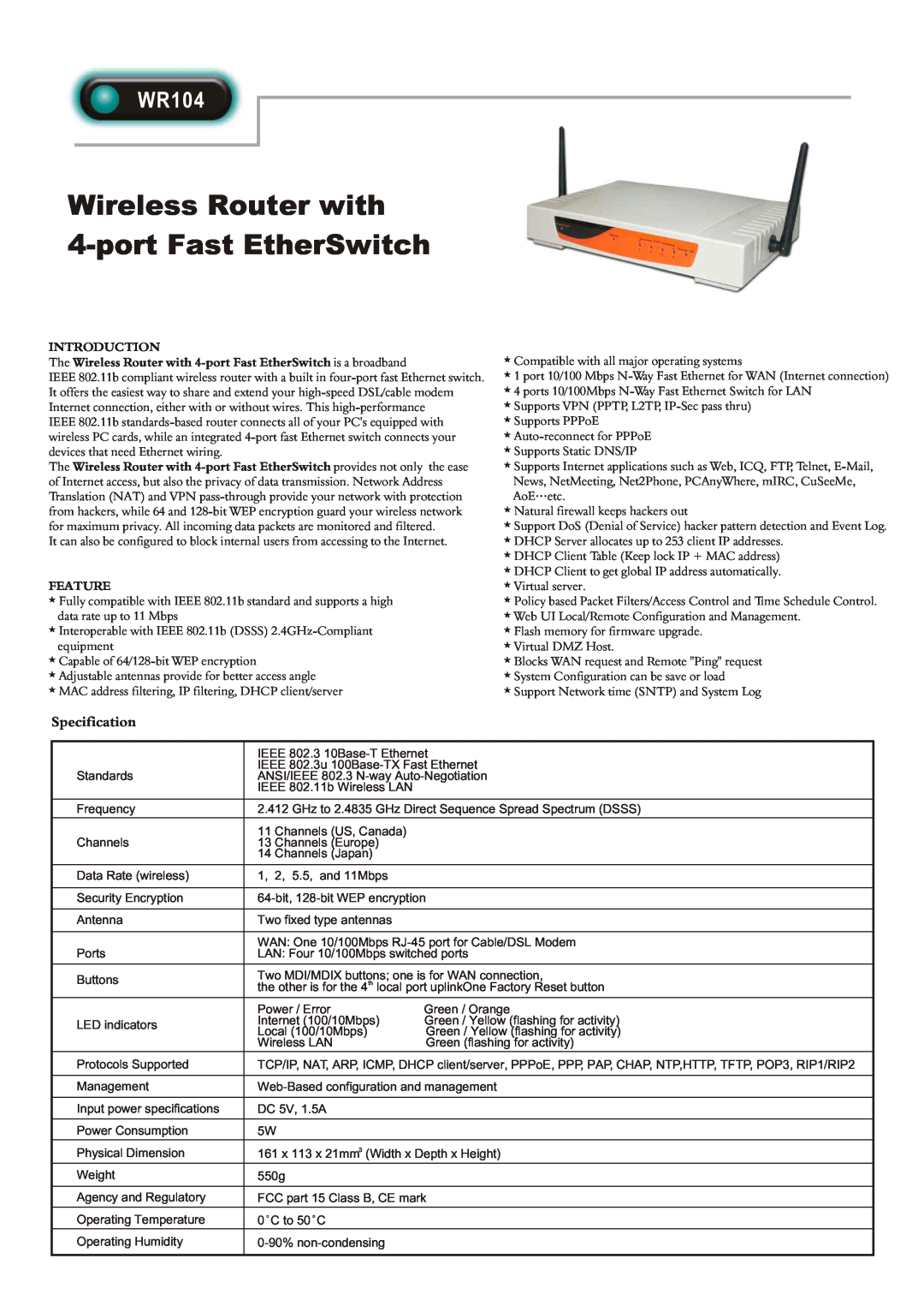 Abocom WR104 specifications Wireless Router with 4-port Fast EtherSwitch, Specification, Introduction, Feature 