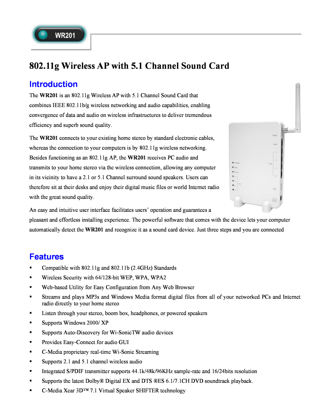 Abocom WR201 manual Introduction, Features, 802.11g Wireless AP with 5.1 Channel Sound Card 