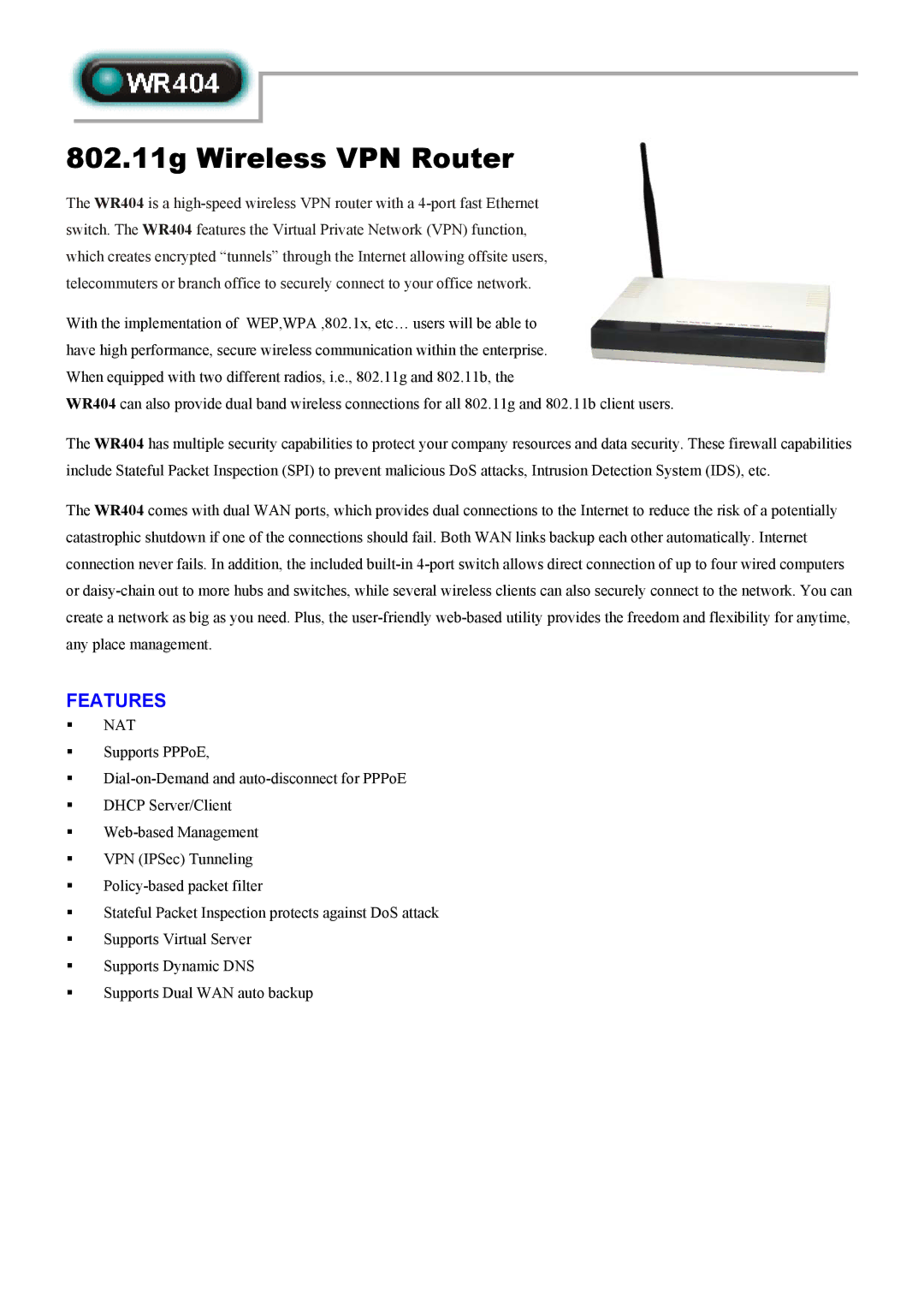 Abocom WR404 manual 802.11g Wireless VPN Router, Features 