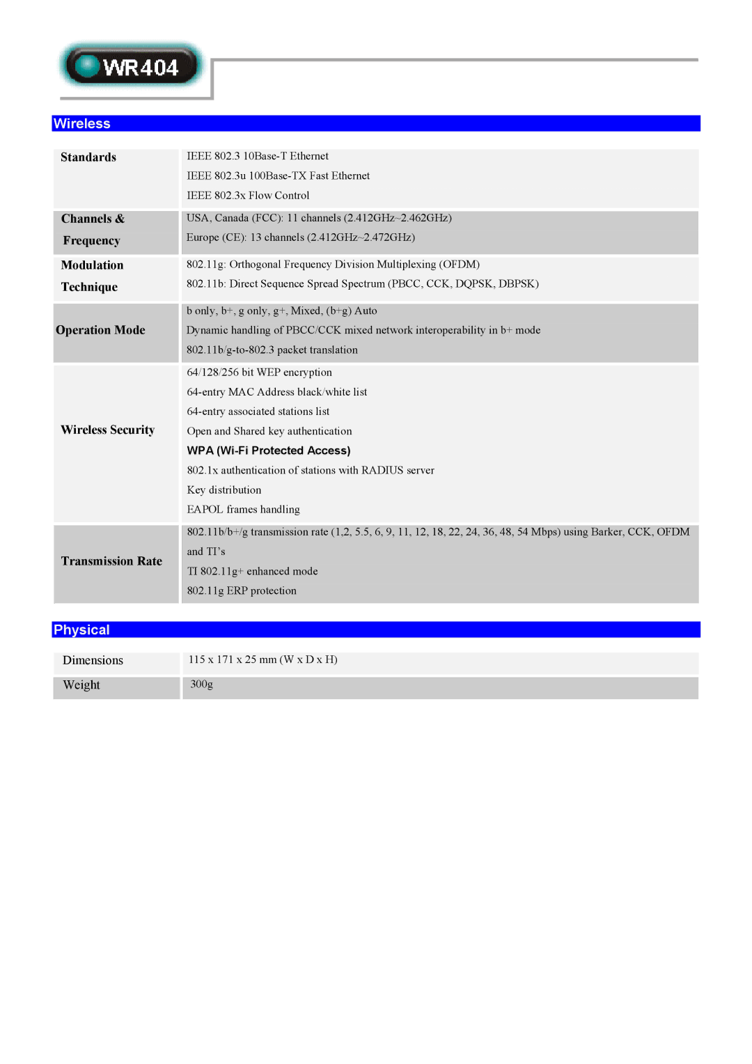 Abocom WR404 manual Wireless, Physical 