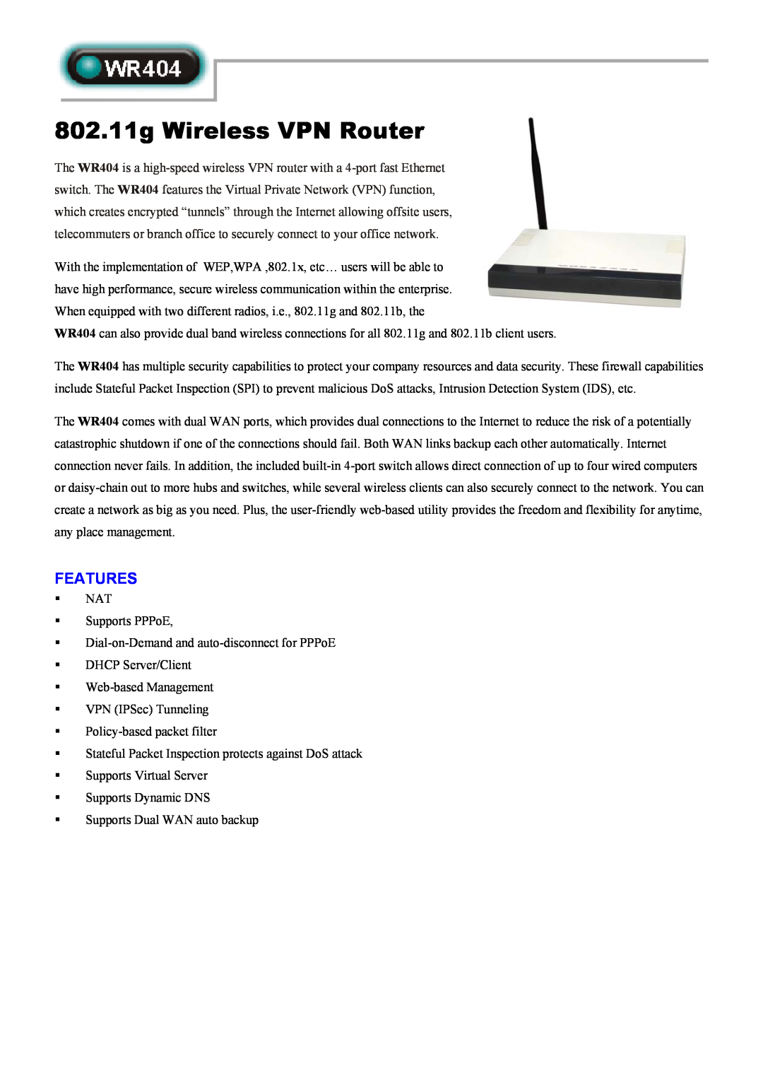 Abocom WR404 manual Features, 802.11g Wireless VPN Router 