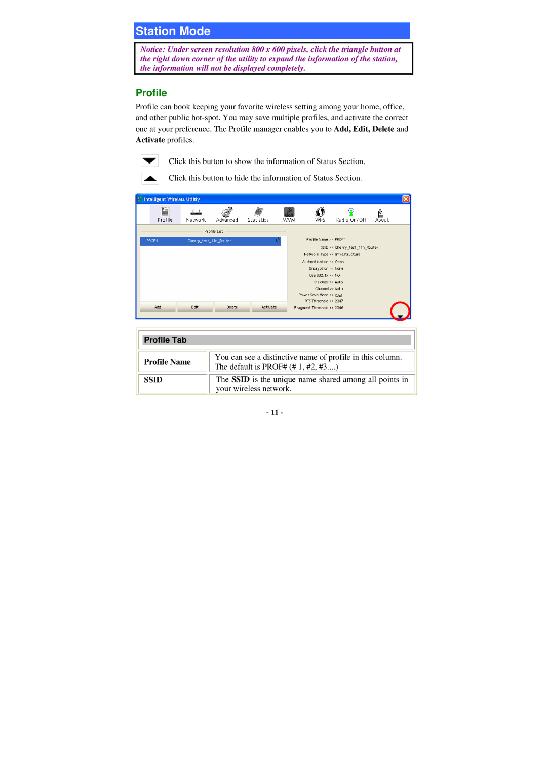 Abocom WU5205 user manual Profile Tab, Profile Name, Ssid 