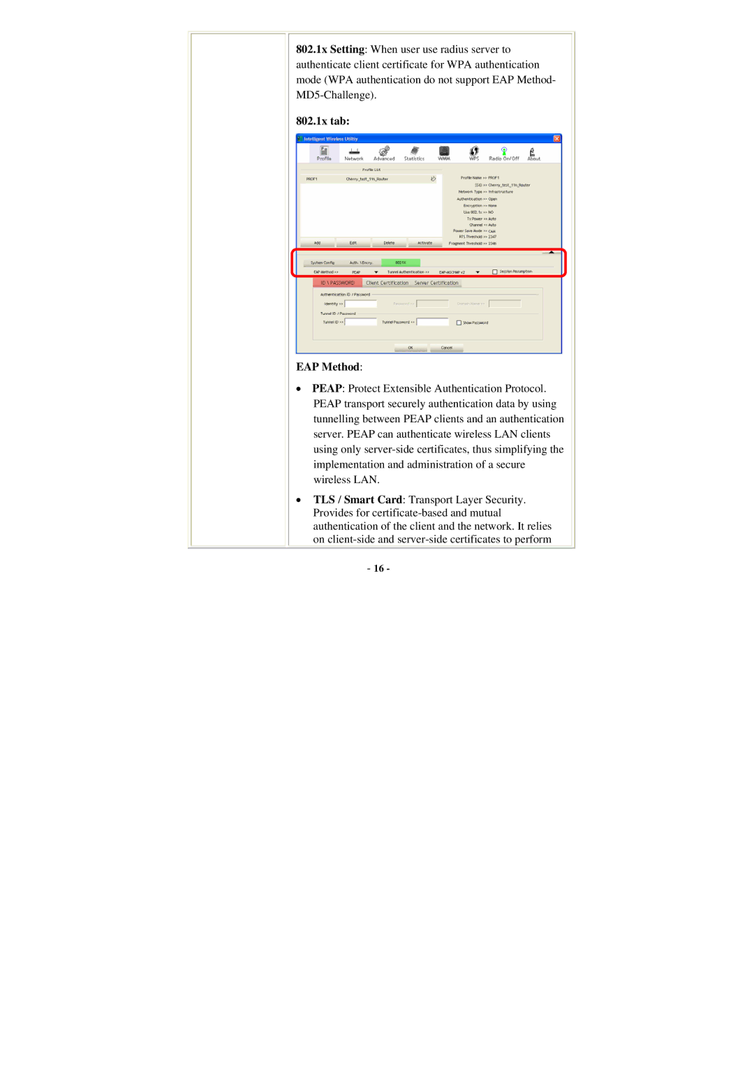 Abocom WU5205 user manual 802.1x tab EAP Method 