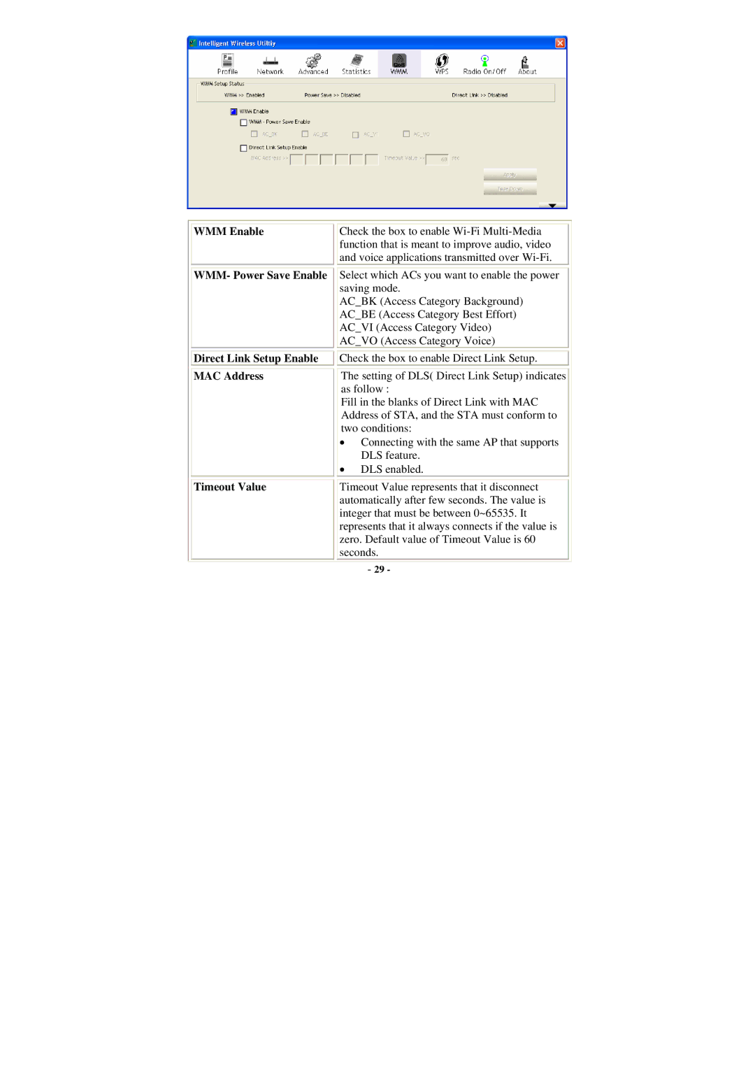 Abocom WU5205 user manual WMM Enable, WMM- Power Save Enable, Direct Link Setup Enable, MAC Address, Timeout Value 