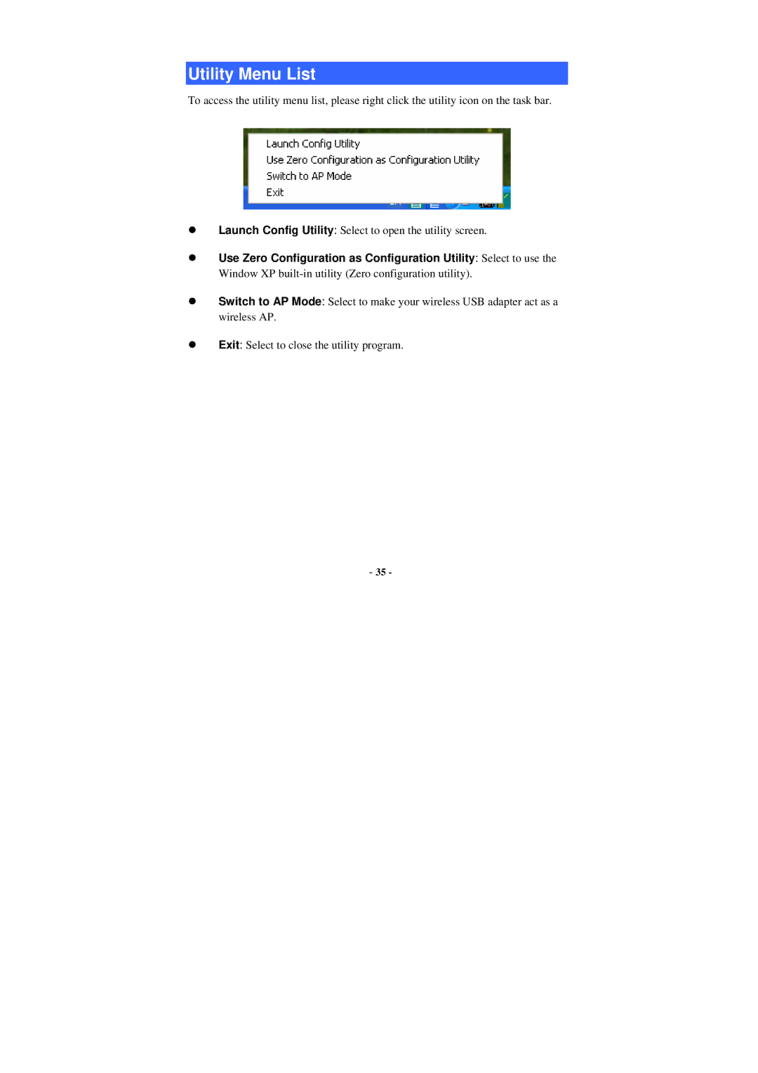 Abocom WU5205 user manual Utility Menu List 