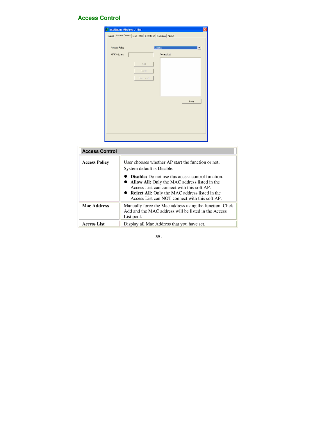 Abocom WU5205 user manual Access Control, Access Policy, Access List 