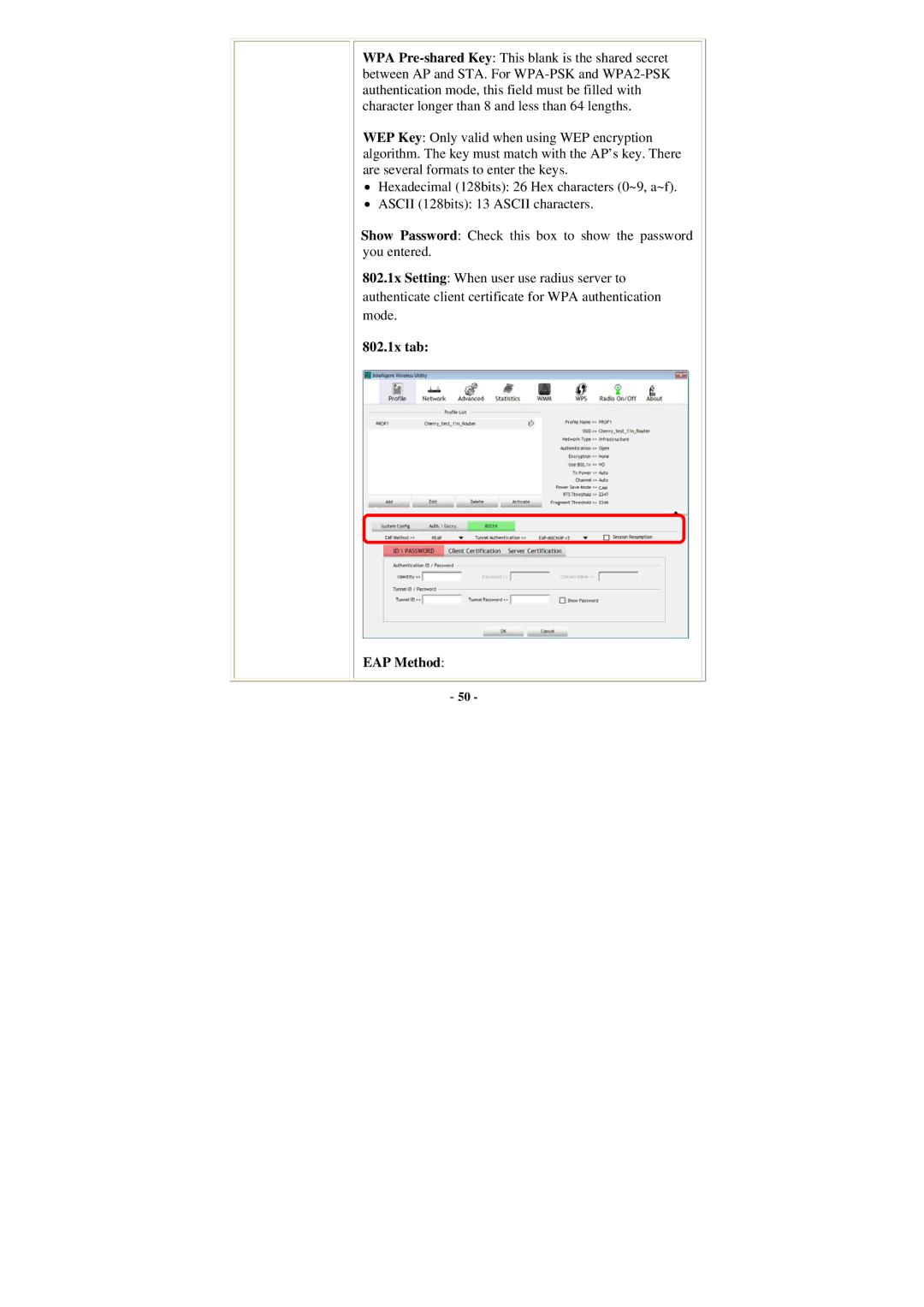 Abocom WU5205 user manual 802.1x tab EAP Method 