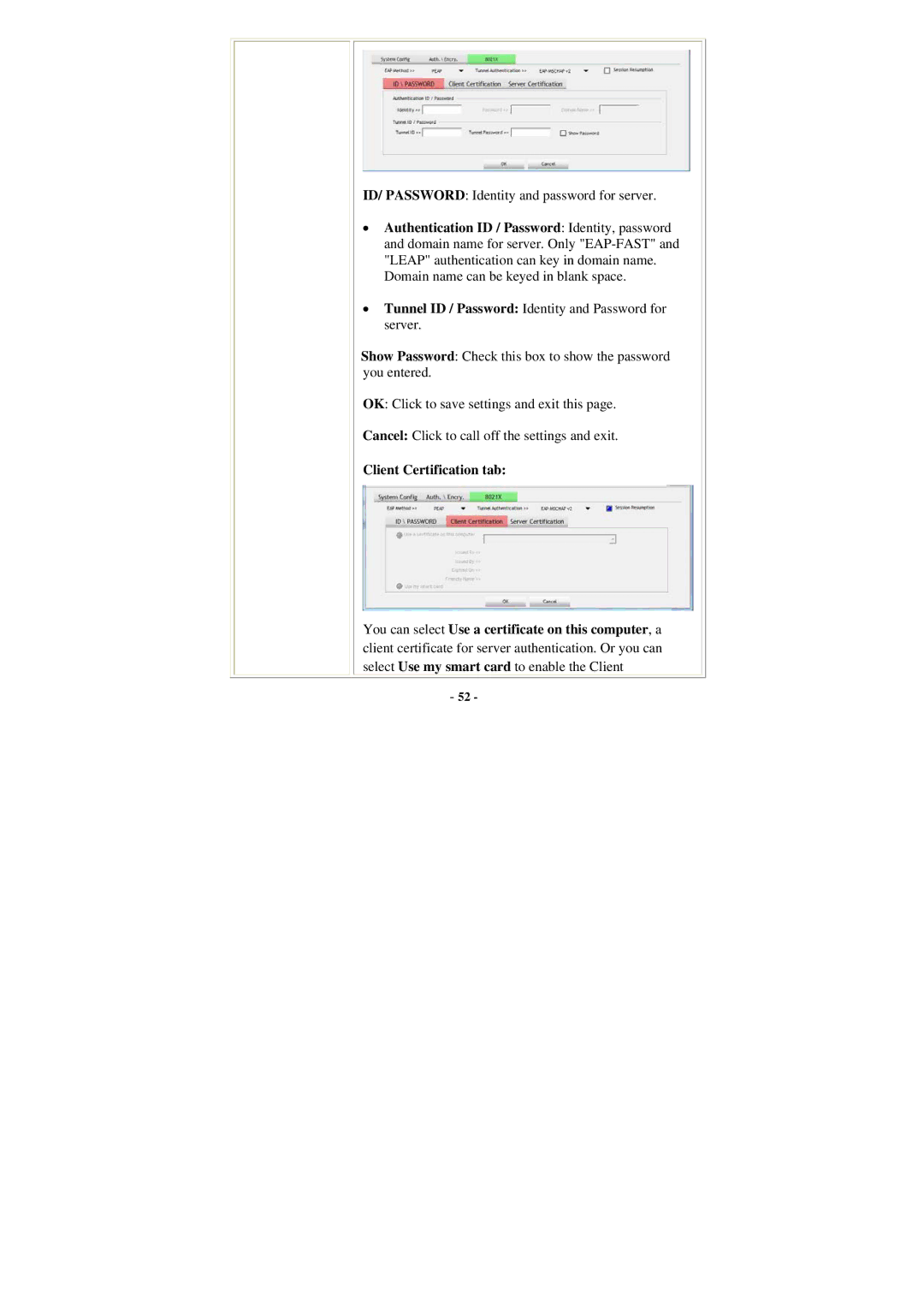 Abocom WU5205 user manual ID/ Password Identity and password for server 