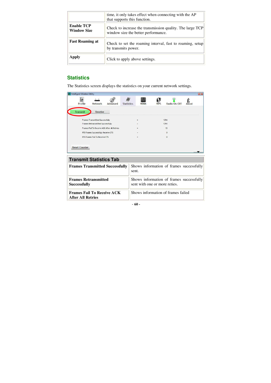 Abocom WU5205 user manual Transmit Statistics Tab, Enable TCP Window Size Fast Roaming at Apply 