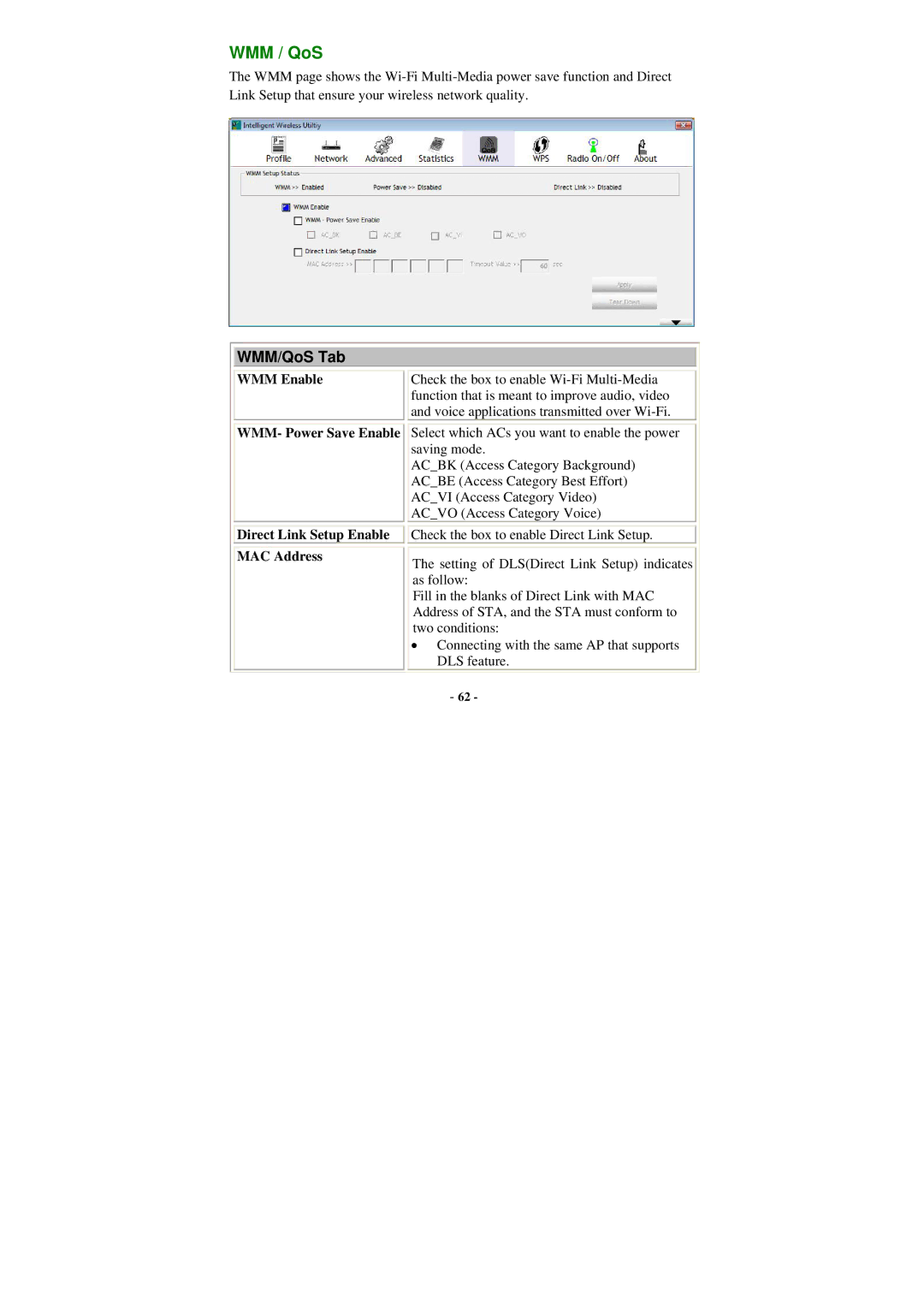 Abocom WU5205 user manual WMM/QoS Tab, WMM- Power Save Enable Direct Link Setup Enable MAC Address 