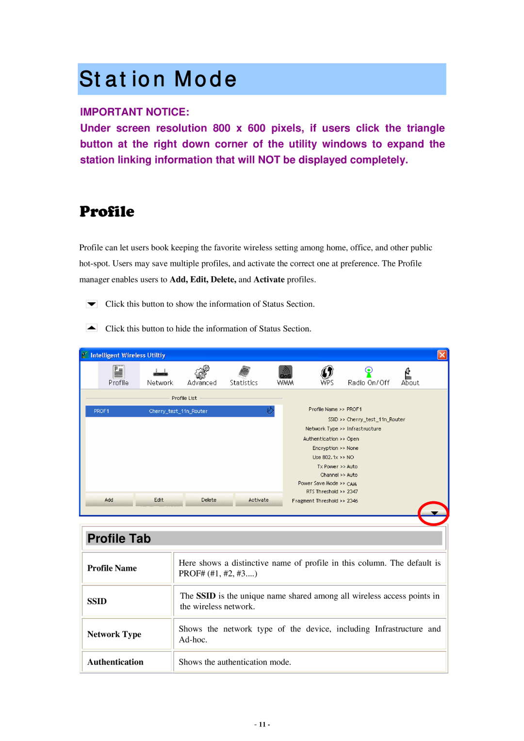 Abocom WU5214 user manual Station Mode, Profile Tab, Profile Name, Network Type Authentication 