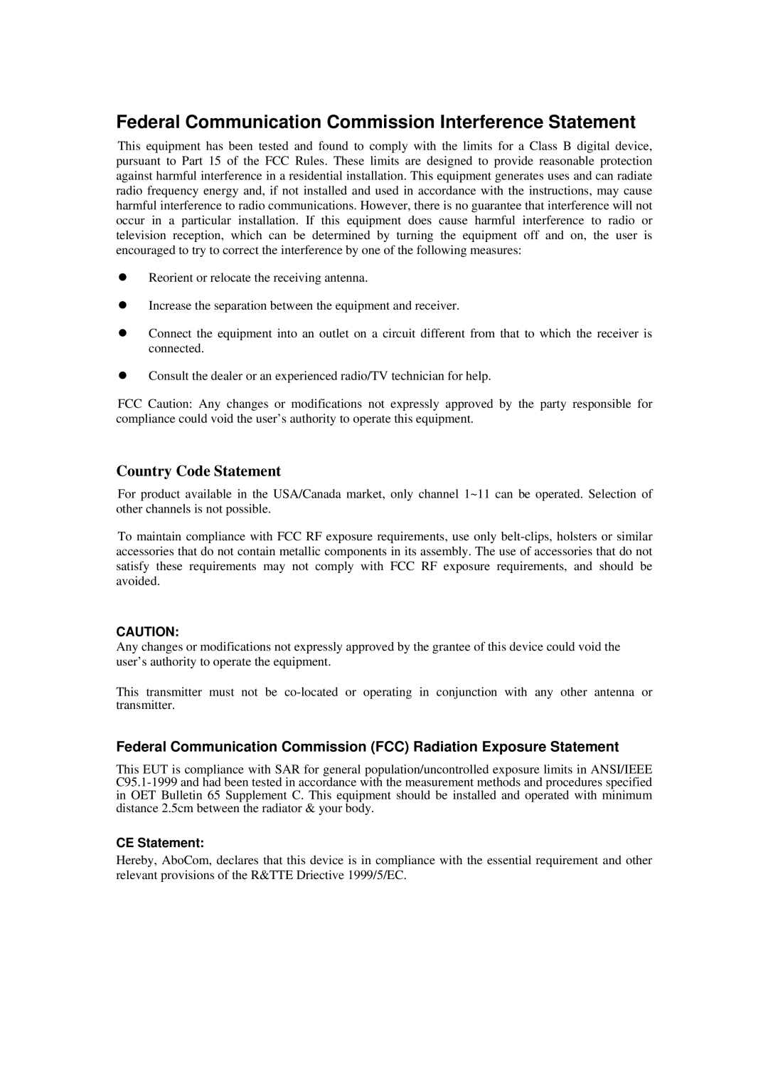 Abocom WU5214 user manual Federal Communication Commission Interference Statement, Country Code Statement 