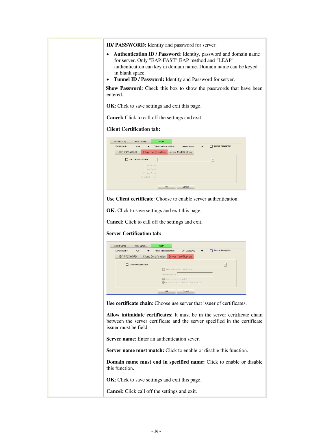 Abocom WU5214 user manual Client Certification tab, Server Certification tab 