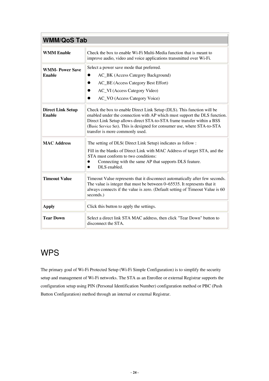 Abocom WU5214 user manual WMM/QoS Tab, WMM Enable WMM- Power Save Enable, Direct Link Setup Enable 