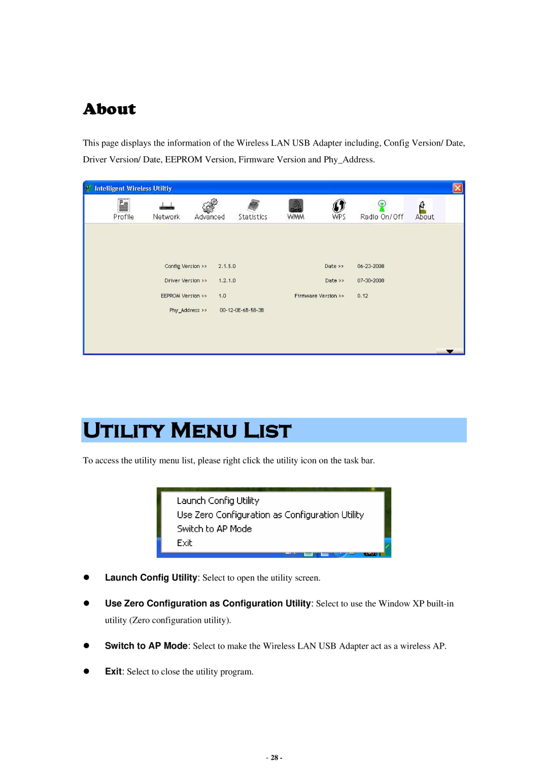 Abocom WU5214 user manual Utility Menu List, About 