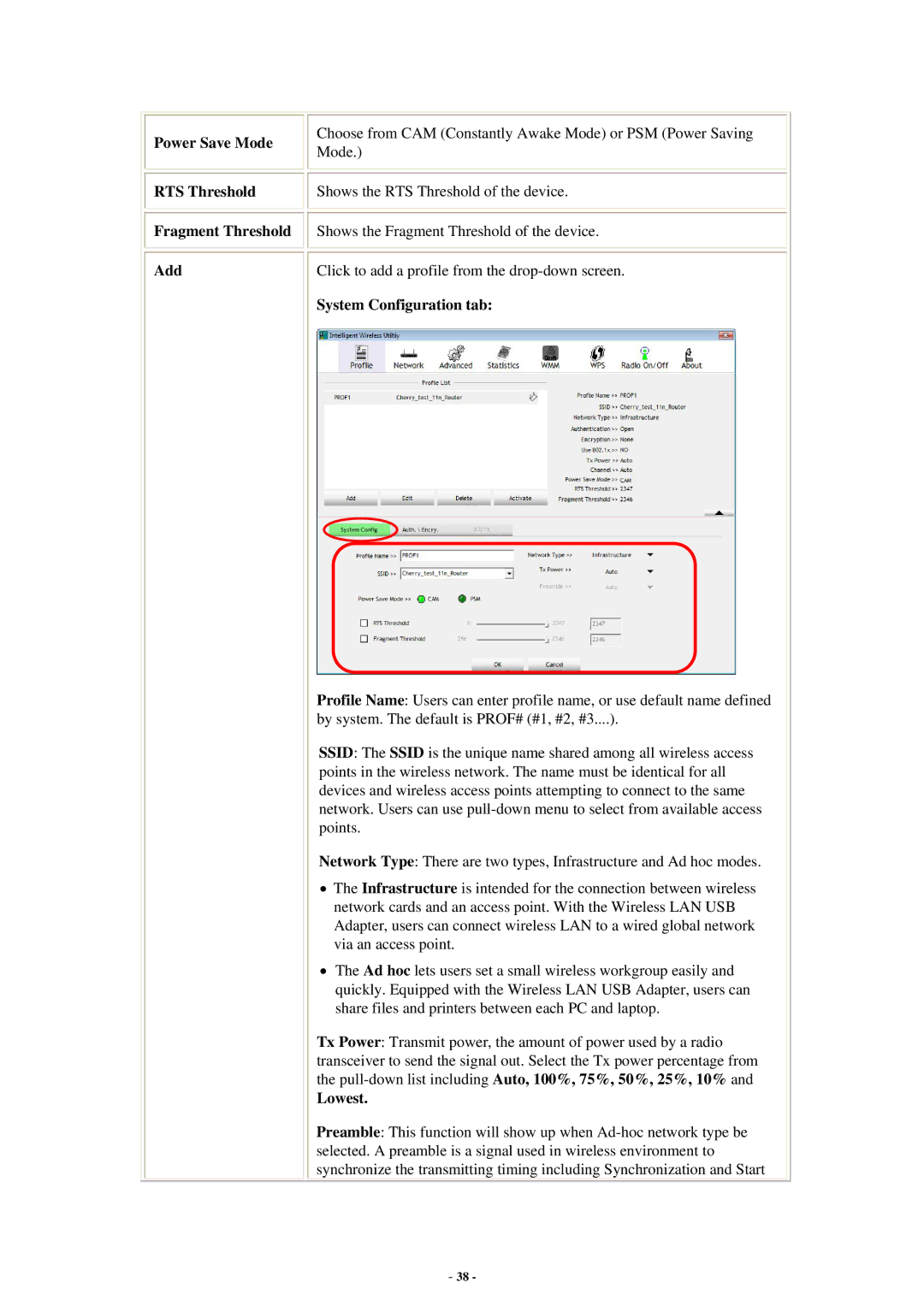 Abocom WU5214 user manual Power Save Mode RTS Threshold Fragment Threshold Add, System Configuration tab 