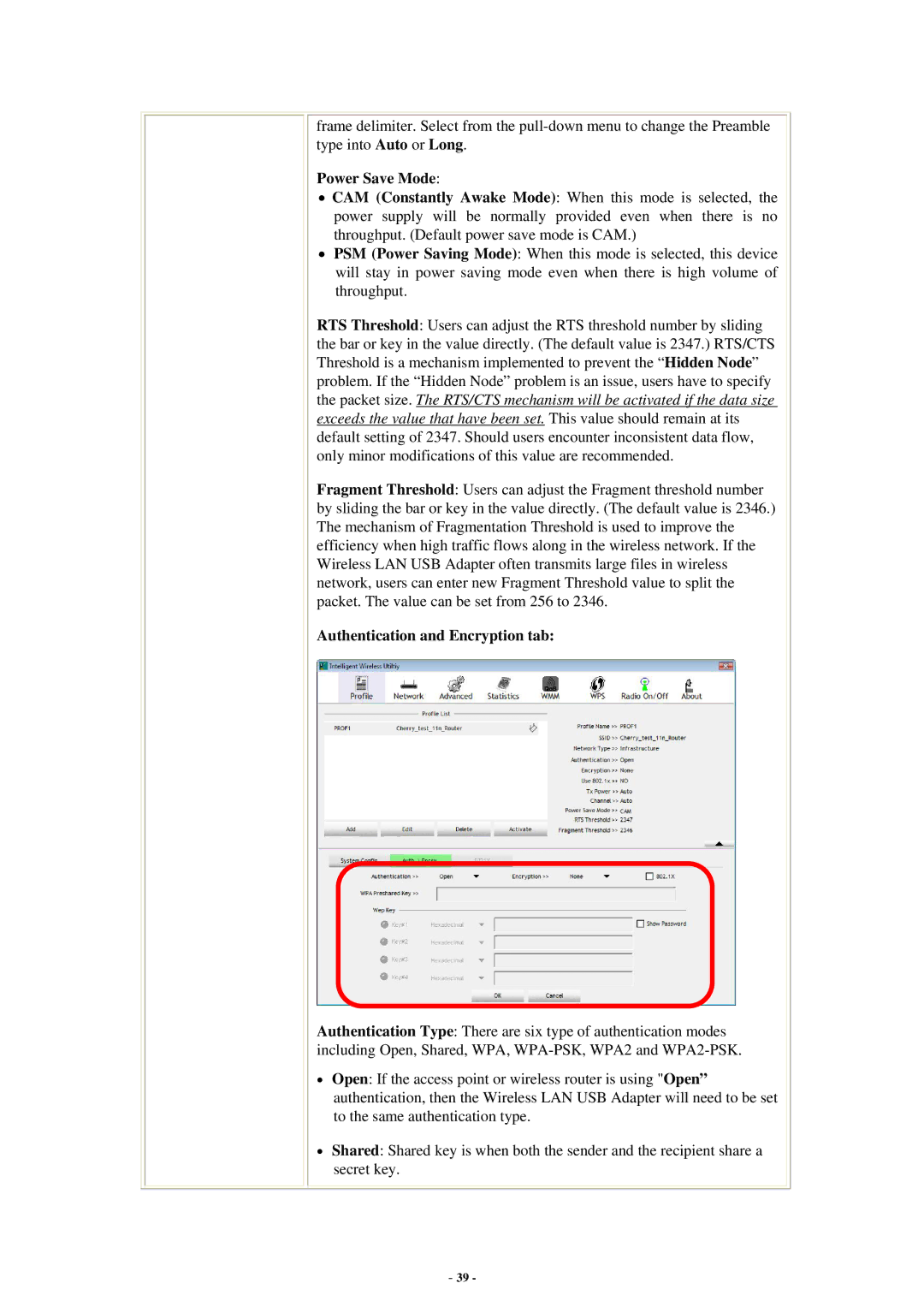 Abocom WU5214 user manual Power Save Mode, Authentication and Encryption tab 