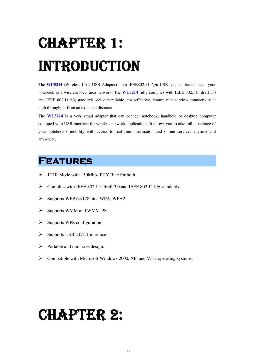 Abocom WU5214 user manual Chapter Introduction, Features 