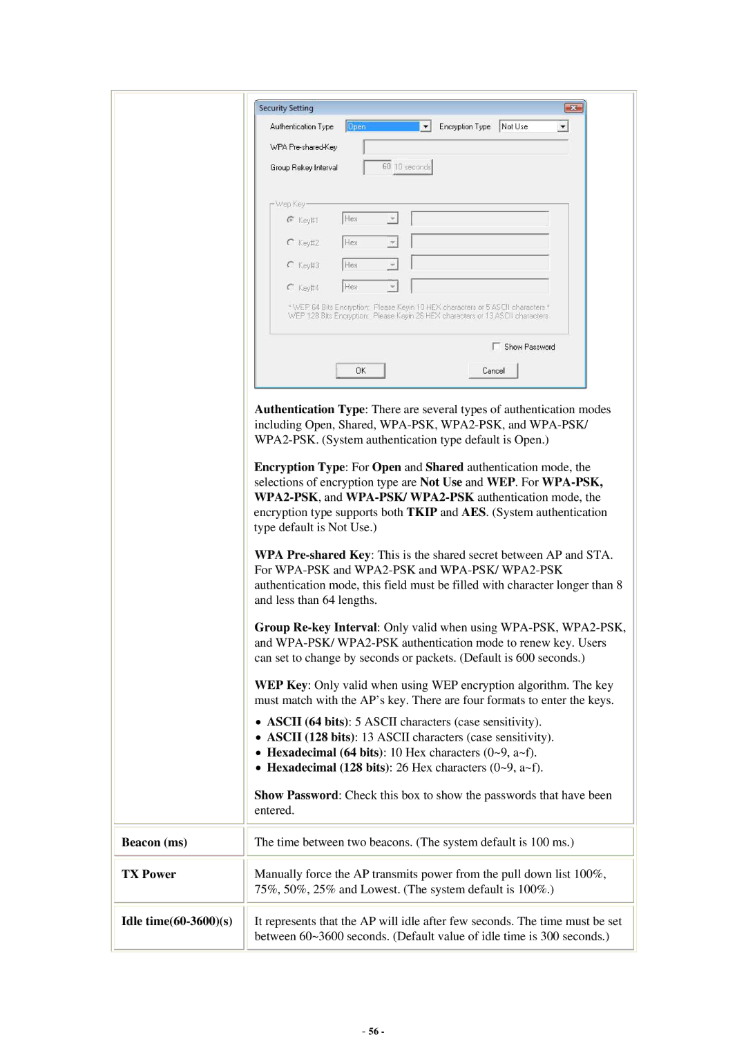 Abocom WU5214 user manual Beacon ms TX Power Idle time60-3600s 