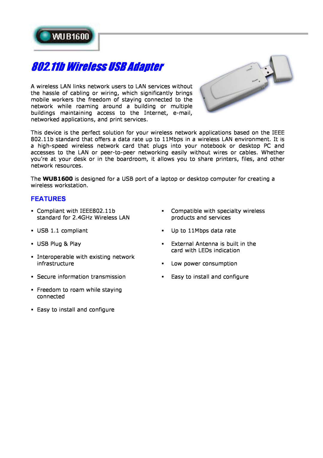 Abocom WUB1600 manual Features, 802.11b Wireless USB Adapter 
