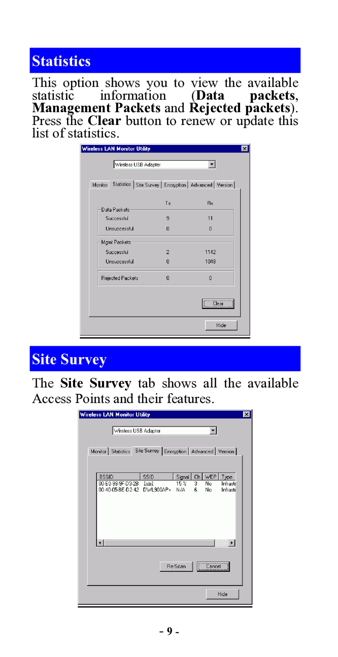 Abocom WUE1500 manual Statistics, Site Survey 