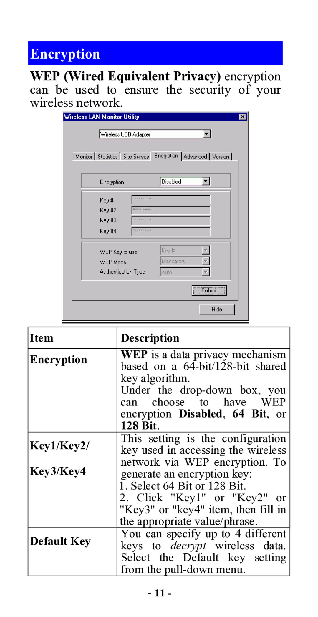 Abocom WUE1500 manual Encryption, 128 Bit, Key1/Key2, Key3/Key4, Default Key 