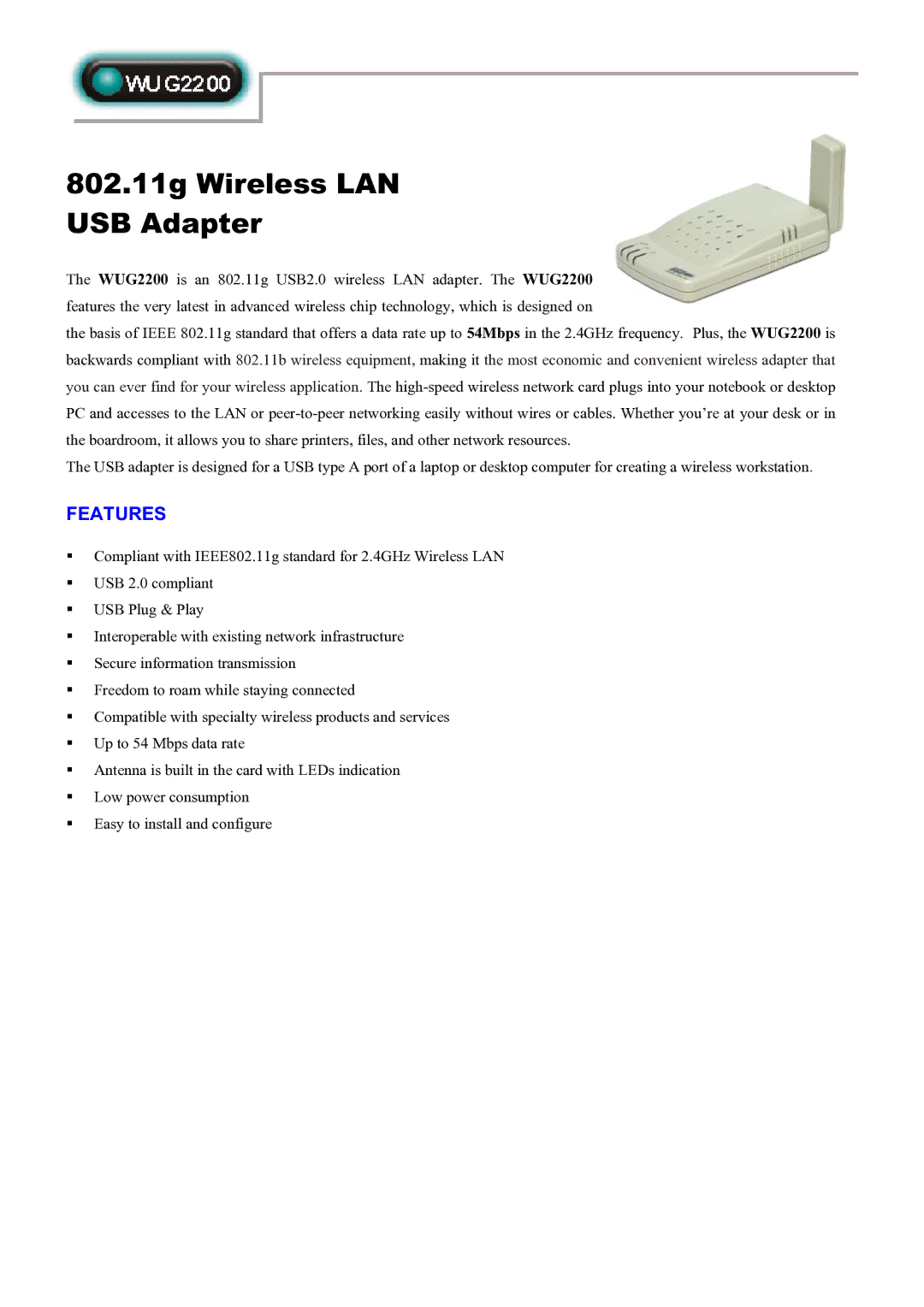 Abocom WUG2200 manual 802.11g Wireless LAN USB Adapter, Features 