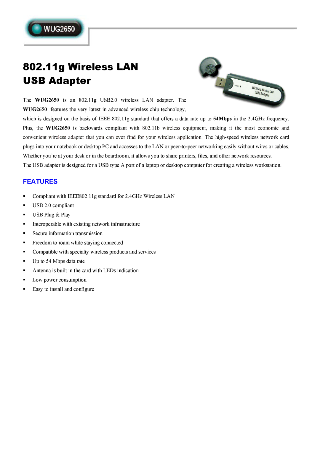 Abocom WUG2650 manual 802.11g Wireless LAN USB Adapter, Features 